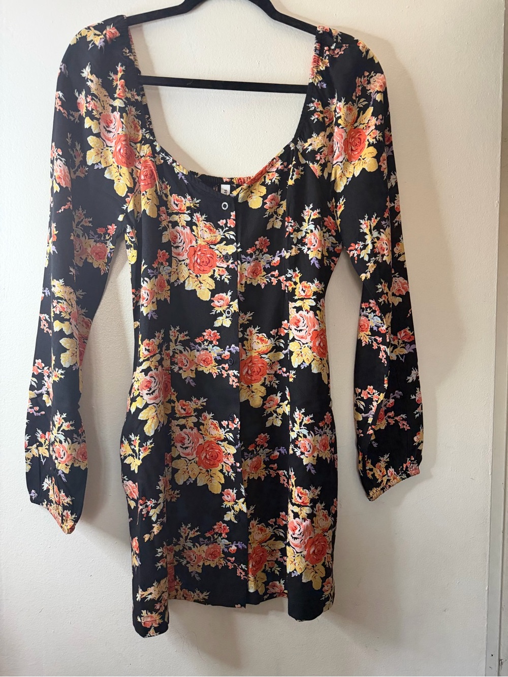 RVCA Floral Mini Dress Small Black Rose Print Button Front Boho Cottagecore